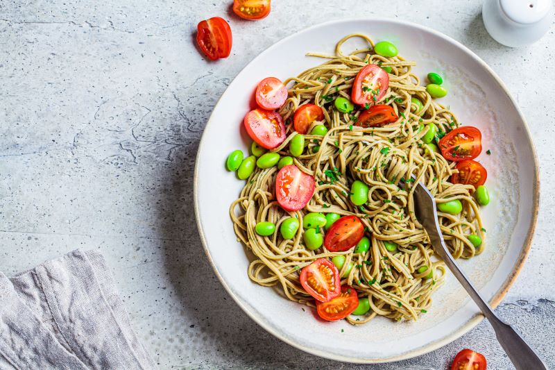 Edamame Pasta with Pesto and Cherry Tomatoes healthy pasta options
