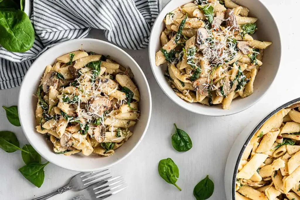 Quinoa Pasta with Spinach & Mushrooms plant-based pasta ideas
