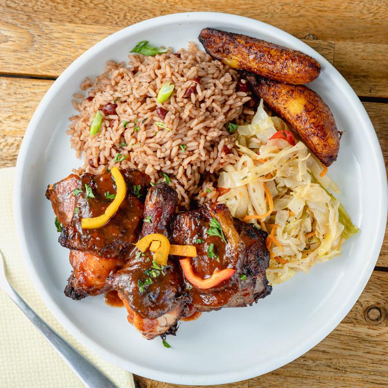 Rice and Peas, Coleslaw, Fried Plantains, Breadfruit ,Festivals 
