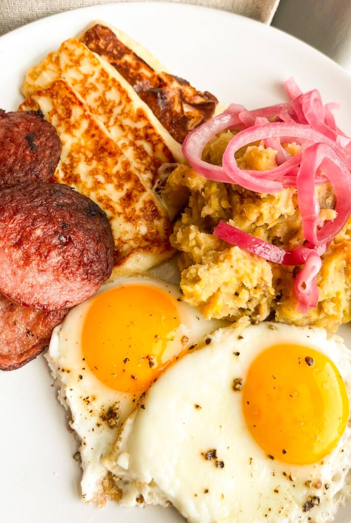 DOMINICAN RECIPES MANGU—fried eggs, cheese, and salami