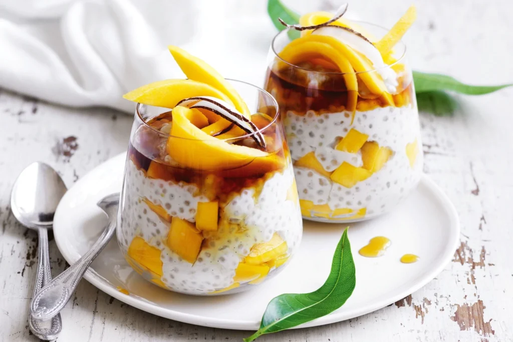 mango sorbet and coconut pudding