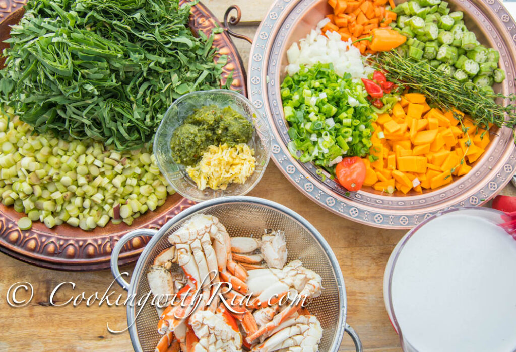 Preparing the Ingredients to cook crab and  callaloo  soup