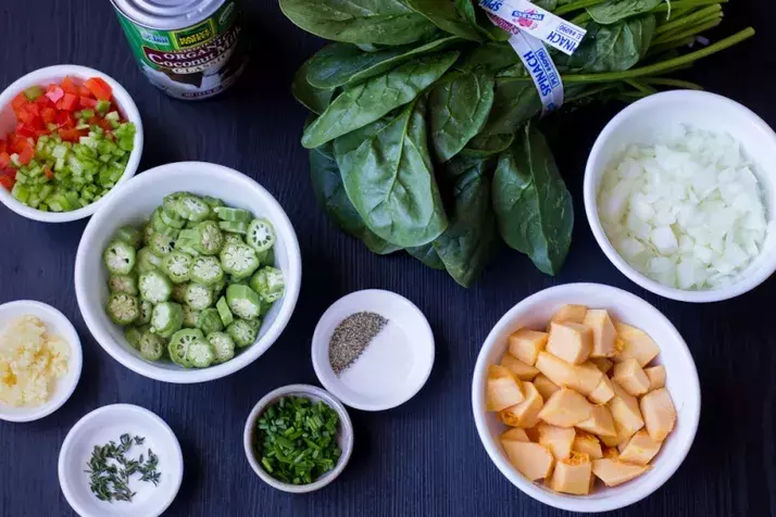 Ingredients of Caribbean callaloo soup