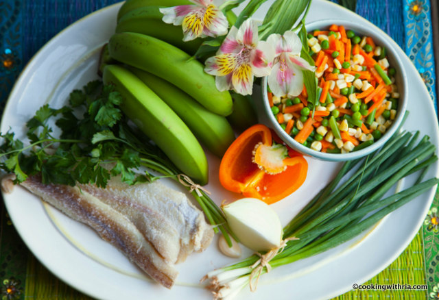 Ingredients  for Green banana and saltfish