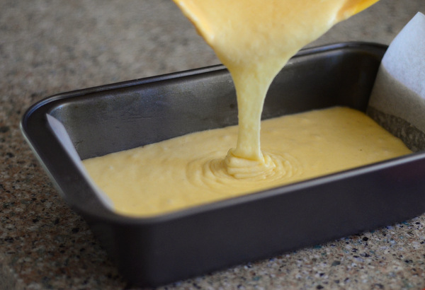 Pouring the Batter into the Pan: Ackee loaf