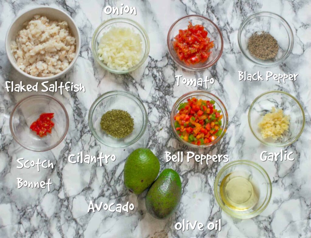 Ingredients for Trini saltfish recipe