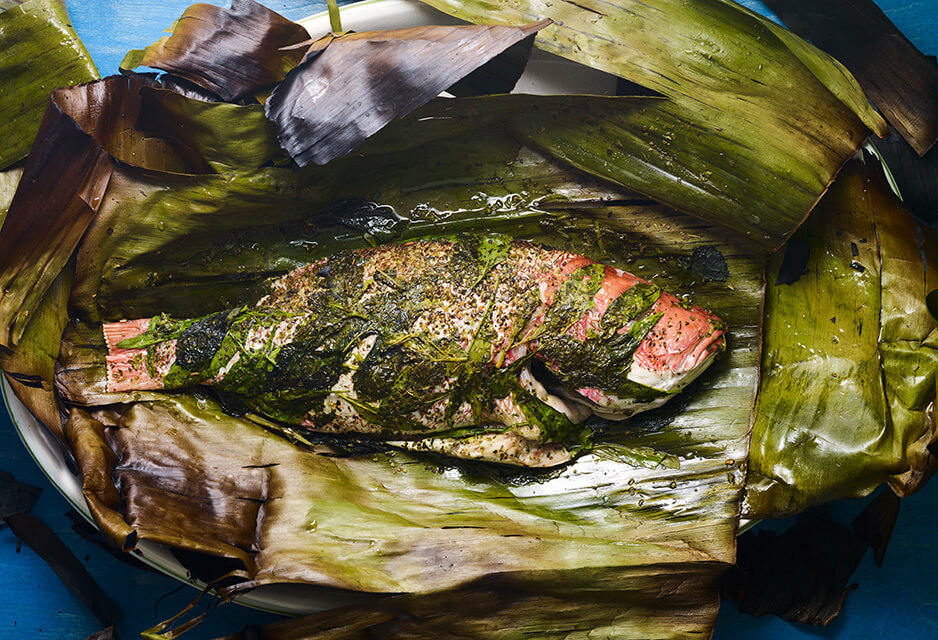 steamed fish wrapped in banana leaves