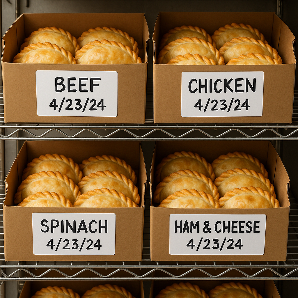 Organized empanada catering orders labeled by flavor and storage date.