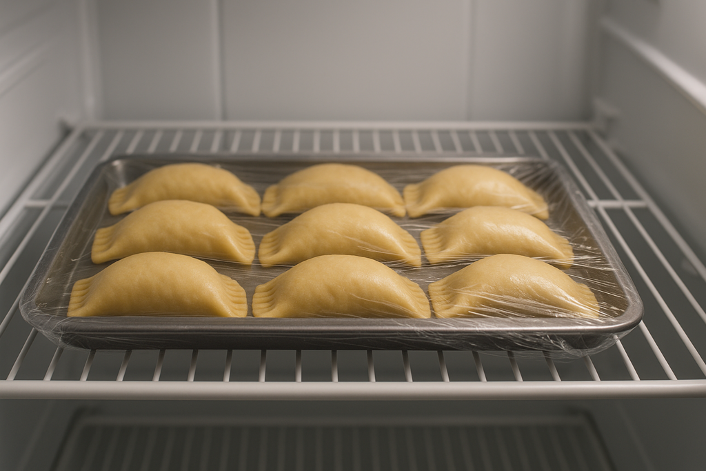 Raw empanadas resting overnight in a home refrigerator.