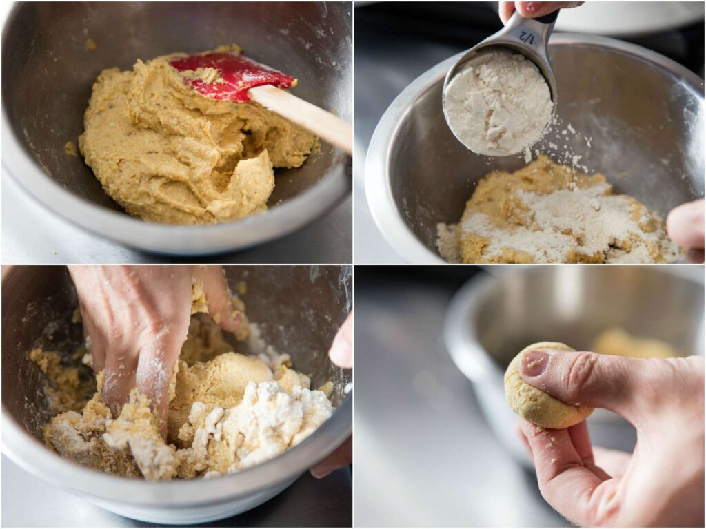 Yellow masa harina flour in a bowl being mixed with warm water.