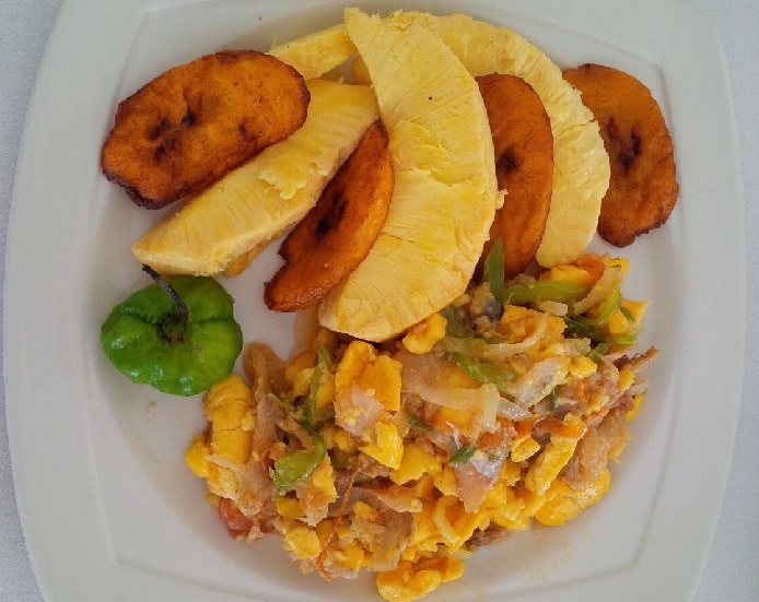 Roast breadfruit with ackee and saltfish